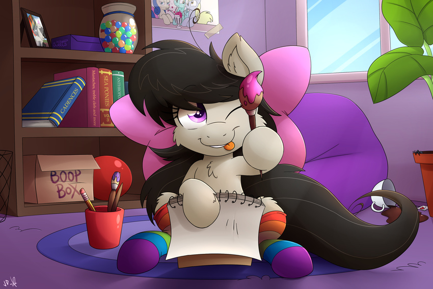 2014 black_hair bonbon_(mlp) book box cup derpy_hooves_(mlp) drink earth_pony equine fan_character female friendship_is_magic fur grey_fur hair happy hi_res holding horse inside joey-darkmeat lyra_heartstrings_(mlp) mammal my_little_pony octavia_(mlp) one_eye_closed paintbrush photo plant pony shinodage smile socks solo spilled spilled_drink striped_legwear stripes tongue window young