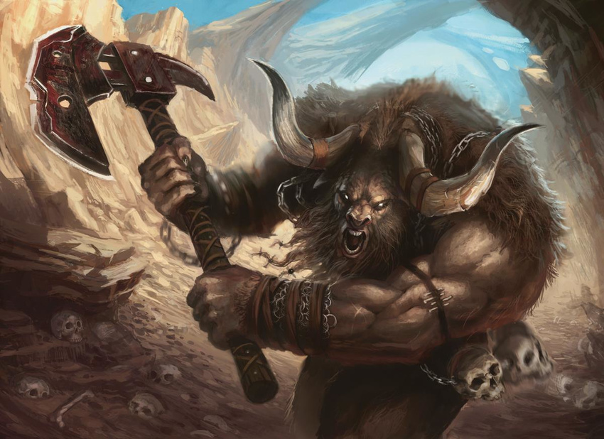 anthro atmospheric_perspective axe beard big_muscles bone chain charging facial_hair front_view holding_weapon horn magic_the_gathering male minotaur muscles official_art phill_simmer restricted_palette skull snarling solo valley weapon