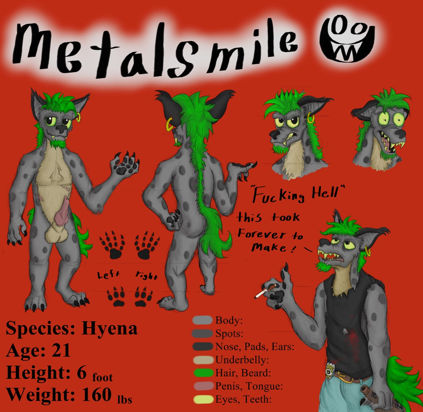 2014 alcohol animal_genitalia anthro back balls beard beverage butt canine chest_tuft claws clothed clothing erection facial_hair fangs front front_view full_body fur green_hair grey_fur hair hyena knot male mammal mane metalsmile model_sheet nude pawpads paws penis piercing rear_view scar sheath smile smoking solo spots standing teeth tuft yellow_eyes