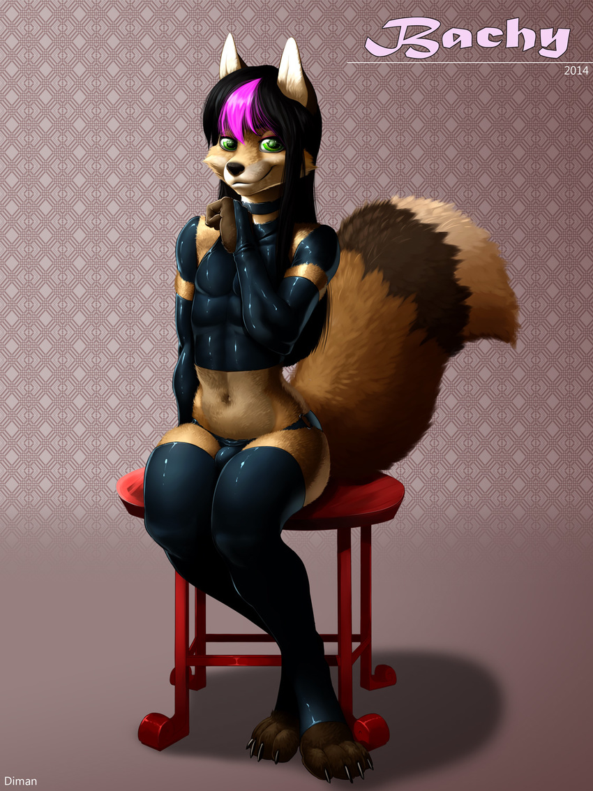 2014 bachan big_tail black_hair brown_fur bulge canine clothed clothing collar digitigrade elbow_gloves eldiman fluffy_tail fox front_view fur girly gloves green_eyes hair half-closed_eyes legwear long_hair looking_at_viewer male mammal navel pink_hair rubber shiny shirt sitting skimpy smile solo table tank_top thigh_highs thong two_tone_hair wide_hips