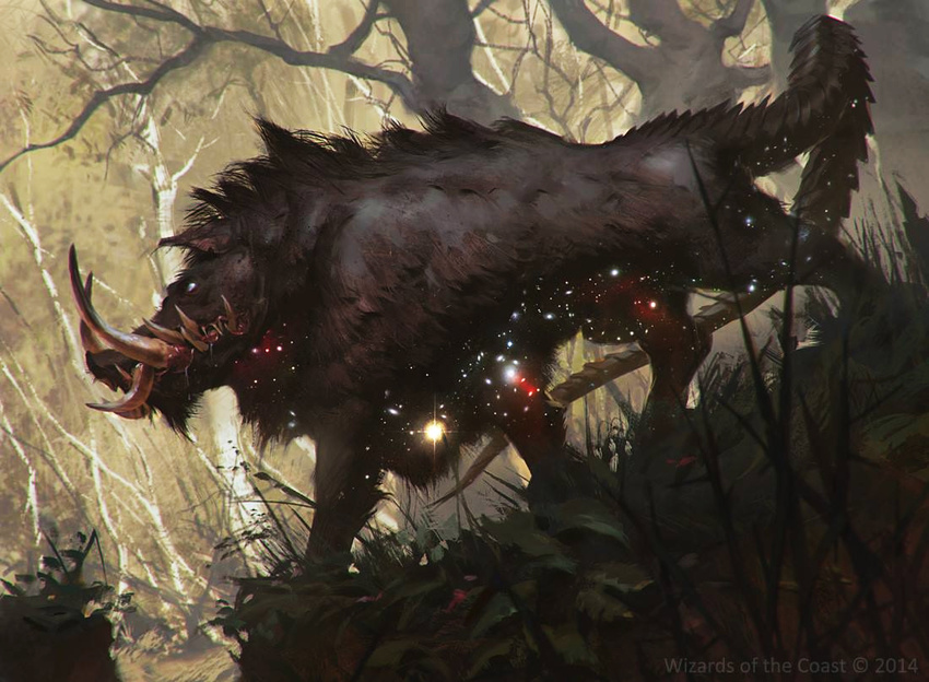 2014 ambiguous_gender backlit boar feral forest hybrid lizard_tail magic_the_gathering mammal monster nature official_art outside porcine quadruped slawomir_maniak solo star tree tusks