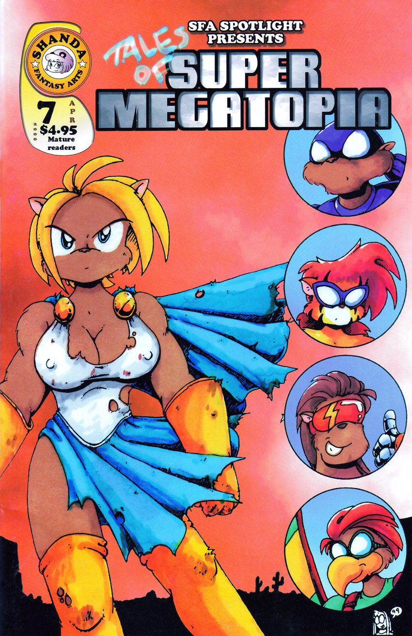 2000 absurd_res anthro avian big_breasts blonde_hair boots breasts brown_hair buxom_gal cape cleavage clothed clothing comic cover drake_fenwick english_text eyewear feline female gloves group hair hi_res mammal mask mustelid nipple_bulge prairie_dog red_hair rodent shanda_fantasy_arts short_hair skirt sunglasses superhero supermegatopia text tiger tiger_lass torn_clothing weasel weasel_boy