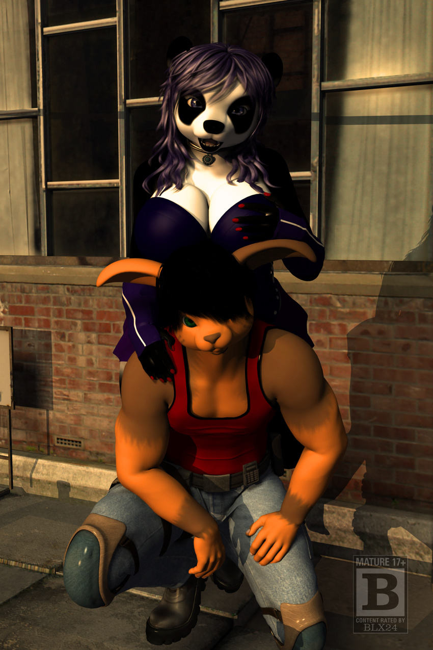 2014 bear belt big_breasts black_fur black_hair blue_eyes blx24 boob_hat boots breasts brown_nose cleavage clothed clothing collar crouching duo female fur green_eyes hair hi_res jacket jeans lagomorph long_hair looking_at_viewer male mammal nails open_mouth orange_fur outside panda pants purple_hair rabbit shirt short_hair smile standing teeth tongue white_fur