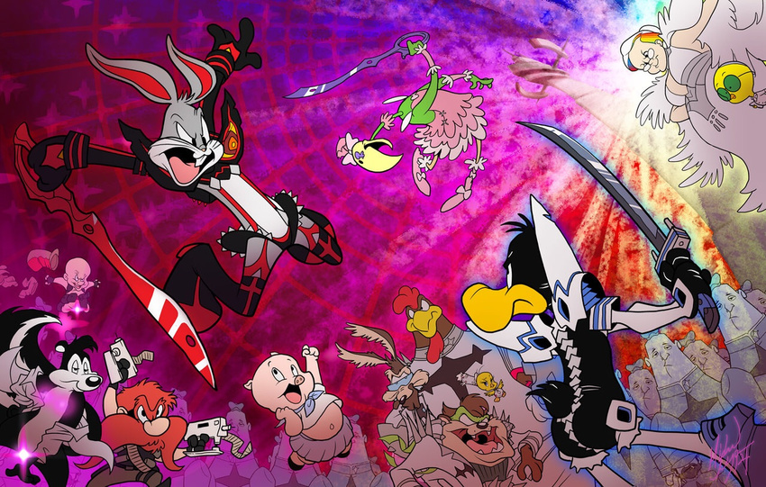 anthro avian bird bugs_bunny canary canine chicken coyote crossdressing daffy_duck dodo duck elmer_fudd female feral foghorn_leghorn granny_(looney_tunes) group human kill_la_kill lagomorph looney_tunes male mammal marsupial michaelmayne parody pep&eacute;_le_pew pig porcine porky_pig rabbit school_uniform skirt skunk sword tasmanian_devil taz_(looney_tunes) tweety_bird warner_brothers weapon wily_e_coyote yosemite_sam