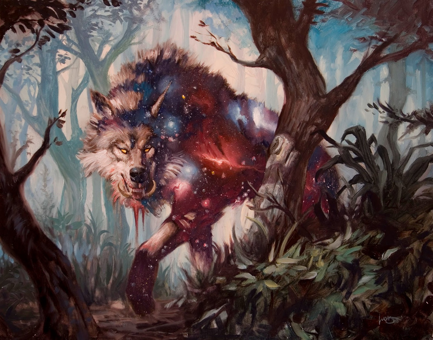 ambiguous_gender canine feral forest looking_at_viewer lucas_graciano magic_the_gathering mammal nature official_art outside snarling solo stalking star teeth tree tusks wolf
