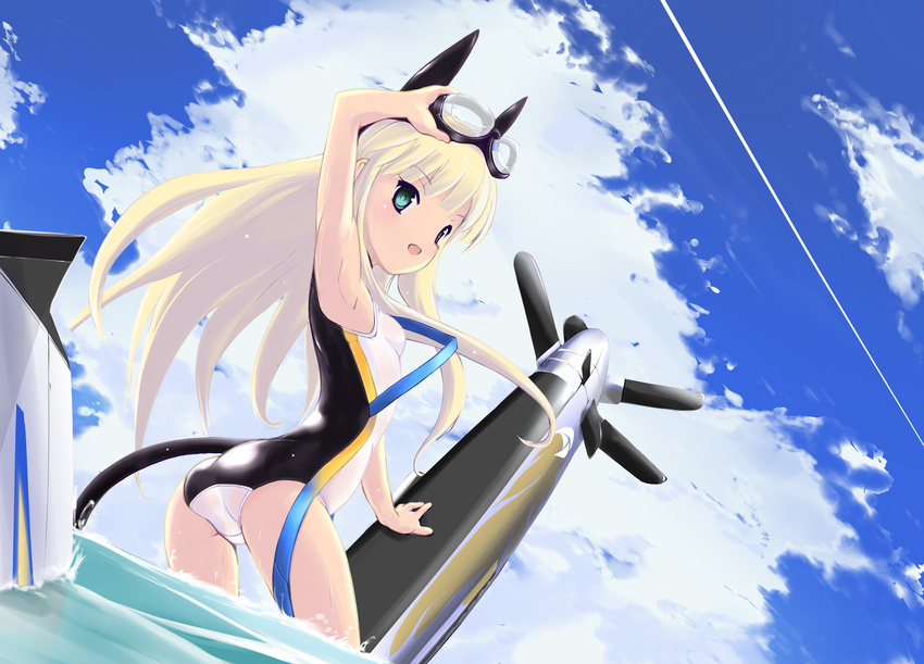 animal_ears armpits ass bad_id bad_pixiv_id beruchin_(incentive) blonde_hair copyright_request goggles green_eyes highres long_hair mecha_musume one-piece_swimsuit solo swimsuit tail water