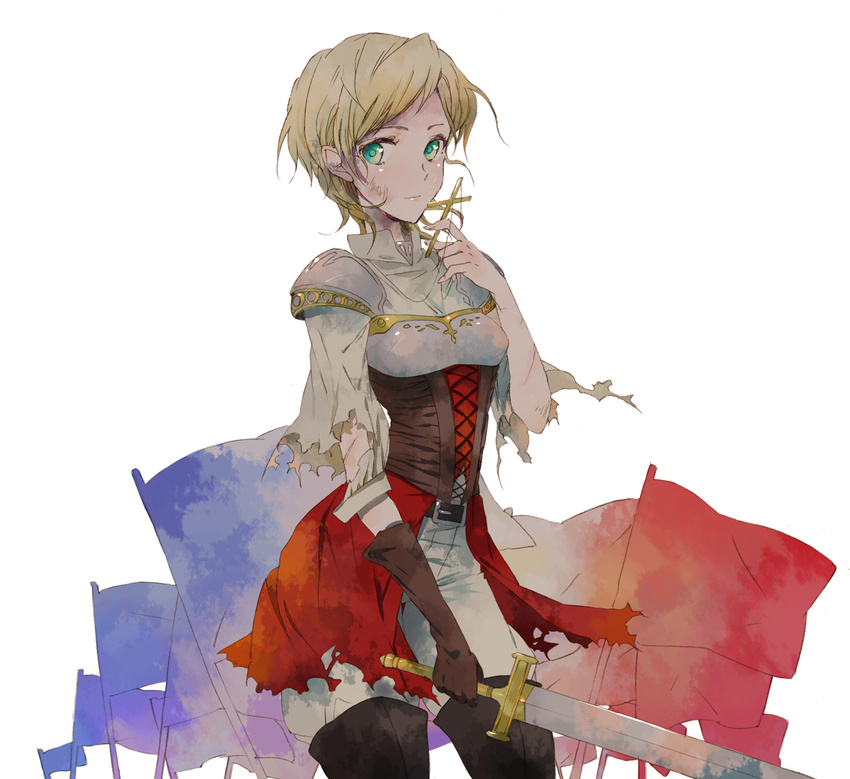 axis_powers_hetalia belt blonde_hair boots cross cuts dress elbow_gloves flag gloves green_eyes hinabu injury jeanne_d'arc_(hetalia) solo thigh_boots thighhighs torn_clothes