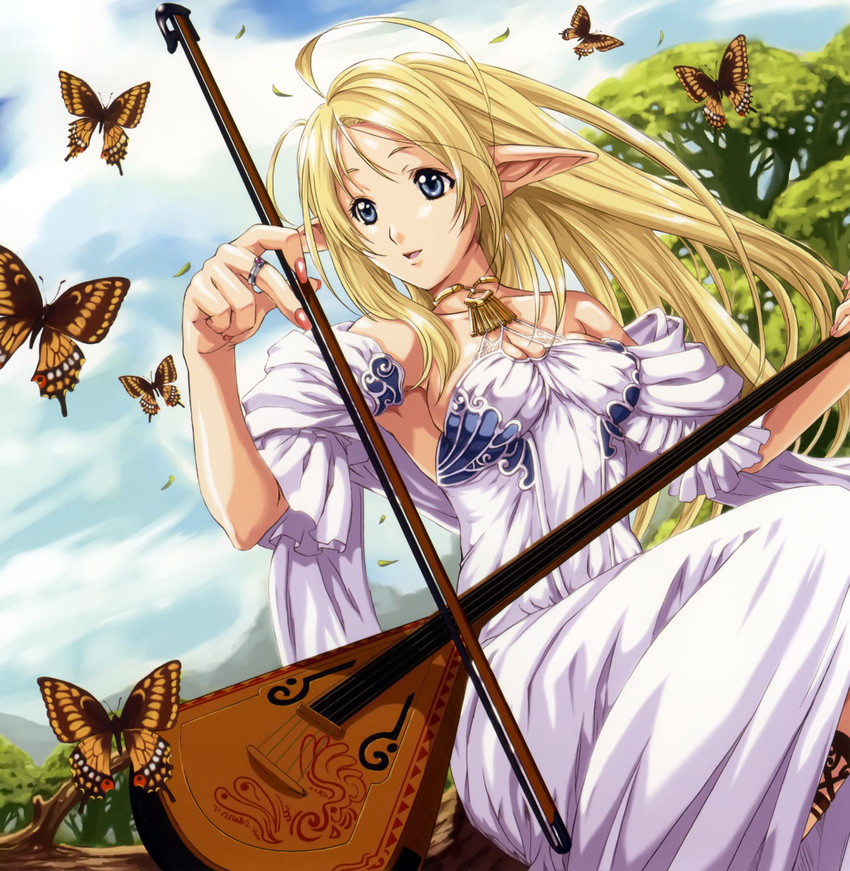 absurdres balalaika_(instrument) bare_shoulders blonde_hair blue_eyes bug butterfly copyright_request dress eiwa elf fingernails highres insect instrument long_hair nail_polish pink_nails pointy_ears smile solo white_dress