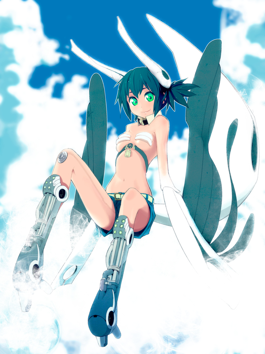aihara_shouta bad_id bad_pixiv_id copyright_request green_eyes green_hair highres mecha_musume midriff revealing_clothes robot_ears short_hair shorts smile solo