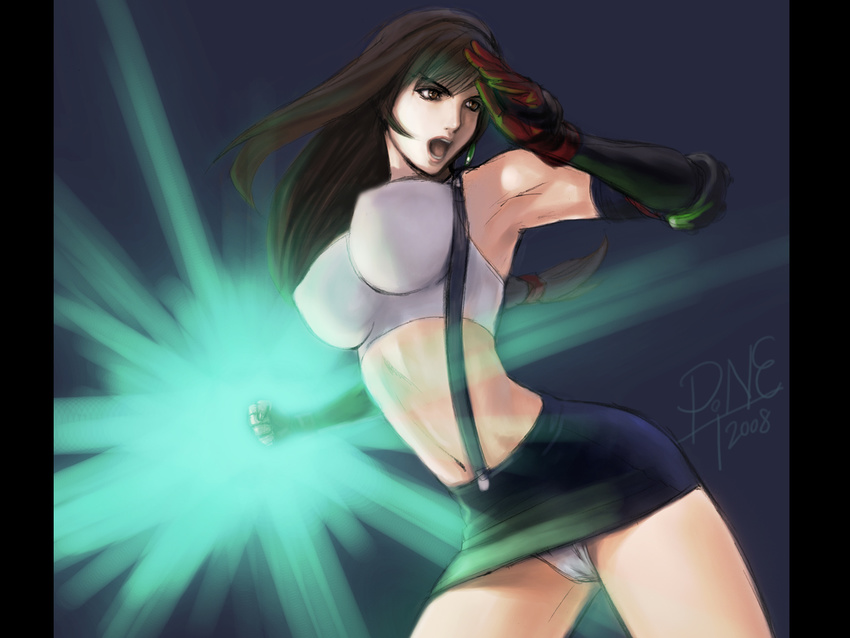 2008 armpits arms_up bare_shoulders black_hair breasts brown_eyes commentary crop_top earrings elbow_gloves elbow_pads falcon_punch fighting_stance final_fantasy final_fantasy_vii gloves highres impossible_clothes impossible_shirt jayun jewelry large_breasts long_hair looking_away low-tied_long_hair midriff miniskirt navel open_mouth panties pantyshot parody pencil_skirt ponytail shirt skirt solo suspender_skirt suspenders tifa_lockhart underwear wallpaper white_panties
