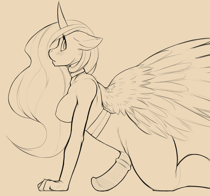 anthro anthrofied breasts dickgirl equine feathers florecentmoo friendship_is_magic horn intersex looking_at_viewer mammal my_little_pony nude penis plain_background princess_celestia_(mlp) profile solo winged_unicorn wings