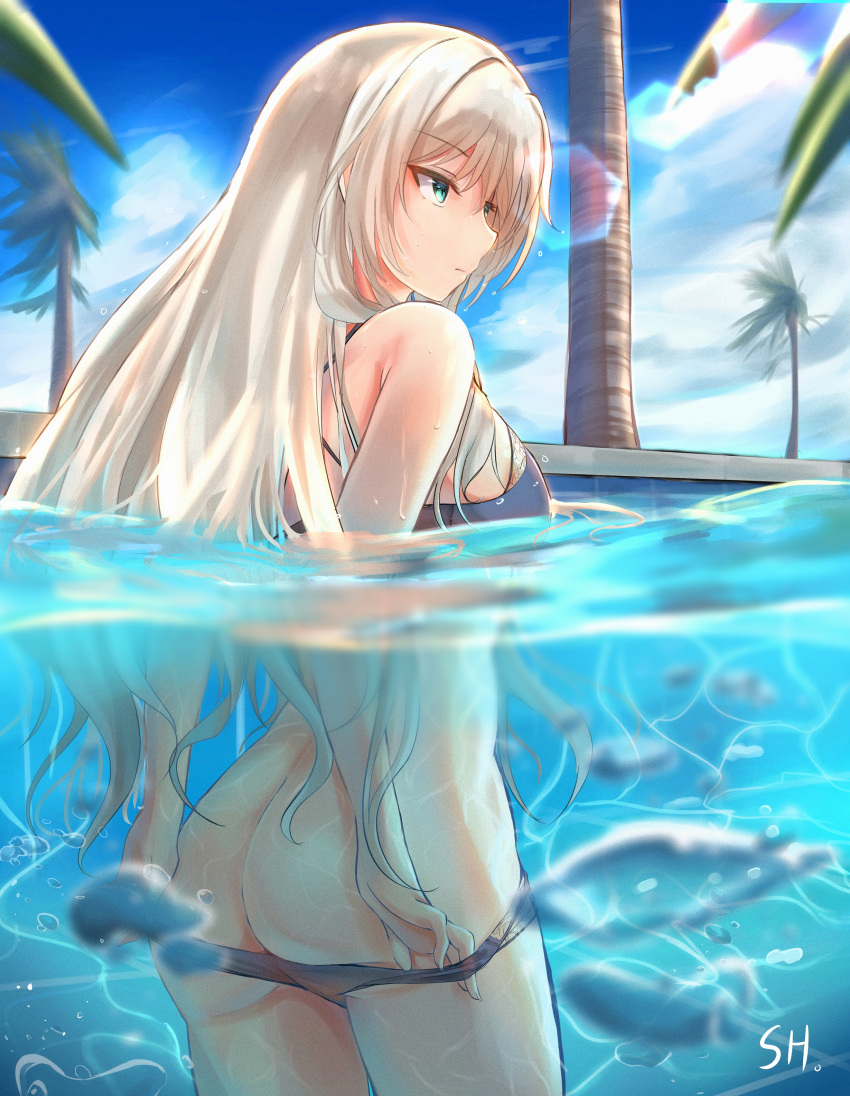 absurdres an-94_(girls_frontline) ass bangs bare_arms bare_shoulders bikini bikini_pull blonde_hair blue_bikini blue_eyes blue_sky breasts closed_mouth cloud commentary_request day expressionless eyebrows_visible_through_hair from_side girls_frontline highres long_hair outdoors palm_tree partially_underwater_shot pool septet_(zrca_janne) sidelocks signature sky swimsuit tree tsurime very_long_hair wading wet