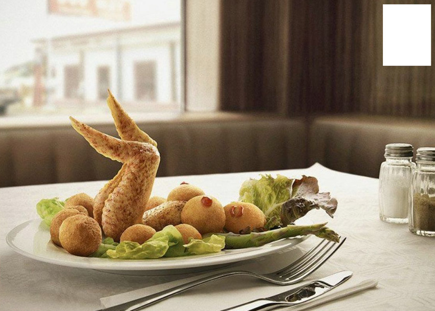 asparagus avian bird breasts chicken female food food_porn fork hushpuppy ketchup knife lettuce napkin pepper_(seasoning) plate real restaurant salt sexualized_food suggestive table tablecloth