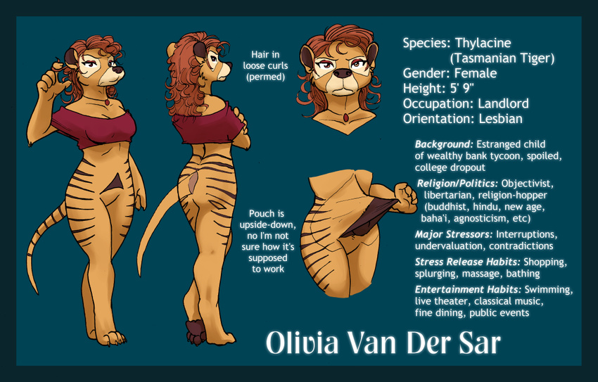 a&amp;h_club anthro bottomless clothed clothing female fur half-dressed mammal marsupial model_sheet olivia rick_griffin solo thylacine