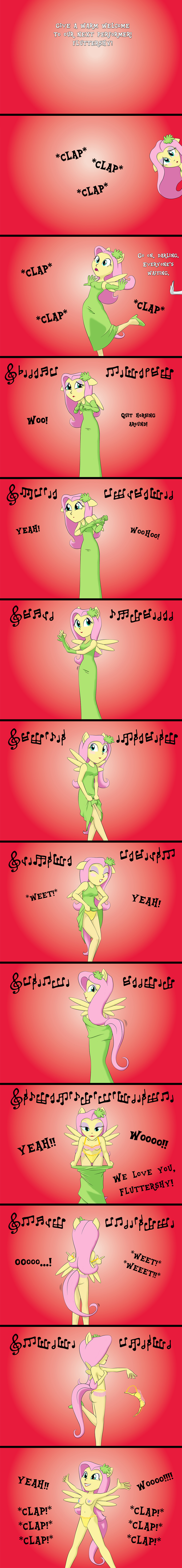 2014 anthro anthrofied blush bra breasts burlesque butt clothing dress female fluttershy_(mlp) friendship_is_magic gloves gscot hair legwear looking_at_viewer music my_little_pony panties pasties pink_hair rarity_(mlp) scared smile solo stockings underwear undressing wings