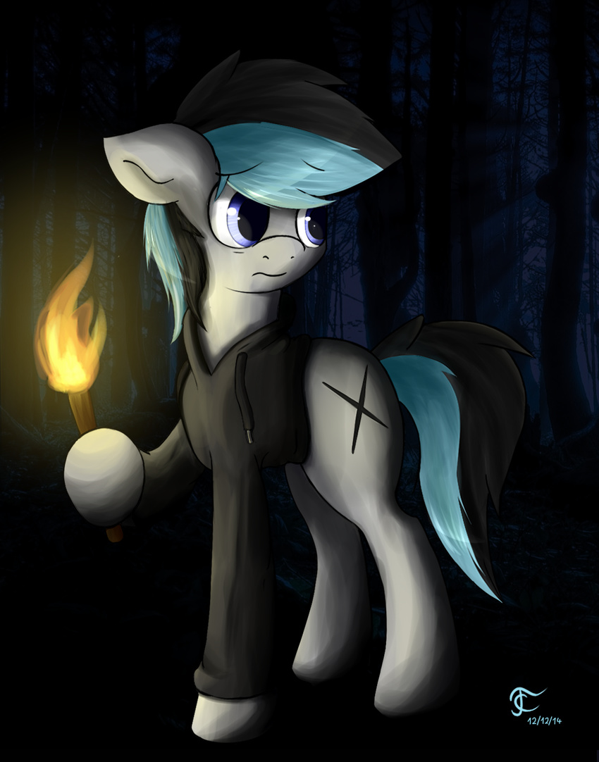 2014 blue_eyes equine fan_character feral forest hoodie horse kenny male mammal my_little_pony outside pony solo thunder_chaser torch tree