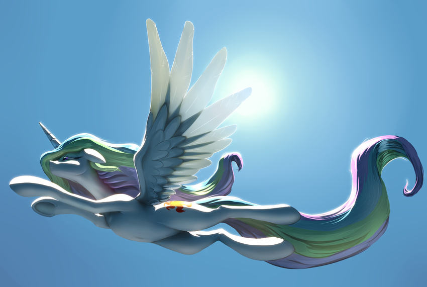 2014 cloudscape cool_colors cutie_mark equine female flying friendship_is_magic hair horn mammal multicolored_hair my_little_pony nadnerbd outside princess_celestia_(mlp) purple_eyes sky solo sun winged_unicorn wings