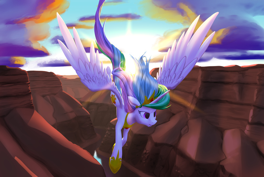 2014 canyon cloud crown cutie_mark equine female flying friendship_is_magic gold hair horn mammal multicolored_hair my_little_pony nadnerbd outside princess_celestia_(mlp) purple_eyes solo sun winged_unicorn wings