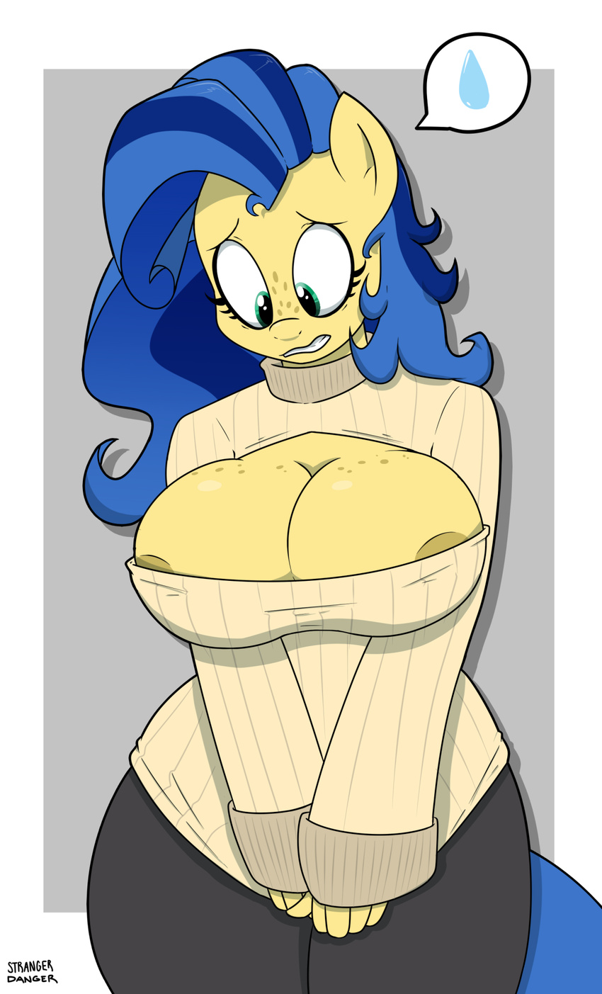 2014 anthro anthrofied areola big_breasts blue_eyes blue_hair breasts cleavage clothed clothing equine fan_character female freckles hair horse keyhole_turtleneck mammal milky_way_(character) my_little_pony nipples pony portrait solo strangerdanger sweater two_tone_hair
