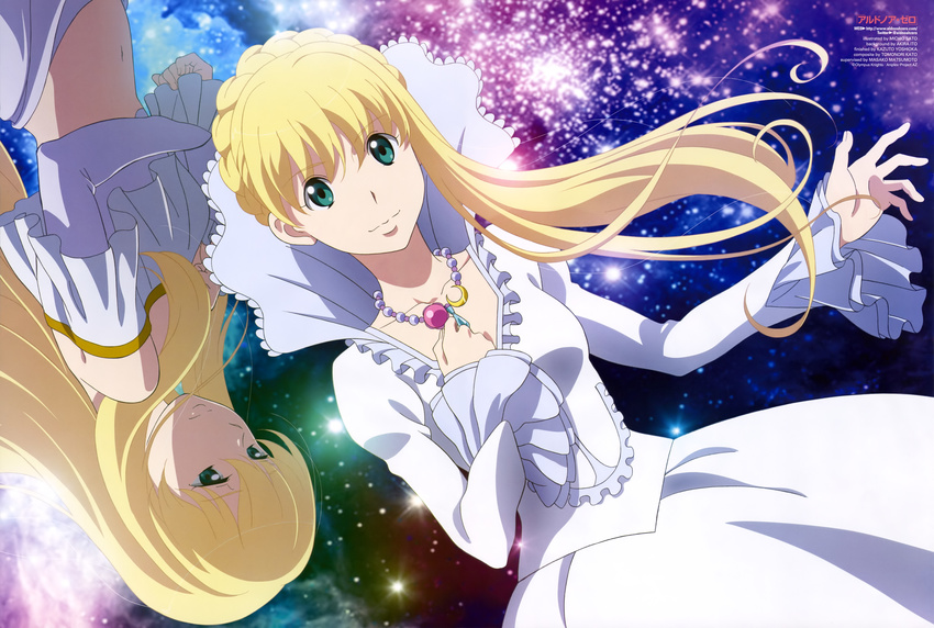 absurdres aldnoah.zero animedia asseylum_vers_allusia blonde_hair blue_eyes dress dual_persona hand_on_own_chest highres jewelry multiple_girls necklace official_art sad satou_michio upside-down