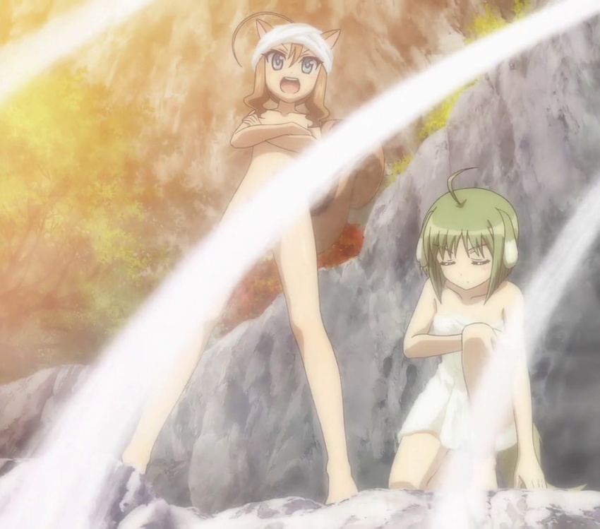 ahoge animal_ears bath_towel blue_eyes dog_days eclair_martinozzi green_hair kuberu_e_pastillage screencap tail zenra