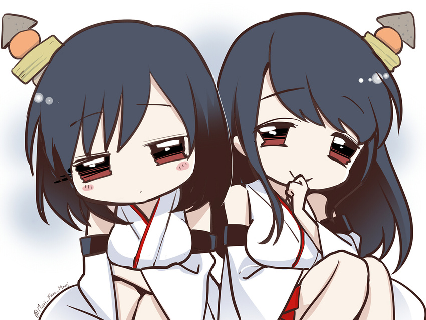 bare_shoulders black_hair chibi detached_sleeves epaulettes expressionless food fusou_(kantai_collection) hair_ornament japanese_clothes jitome kantai_collection long_hair multiple_girls nontraditional_miko oden primary_stage red_eyes short_hair smile yamashiro_(kantai_collection)