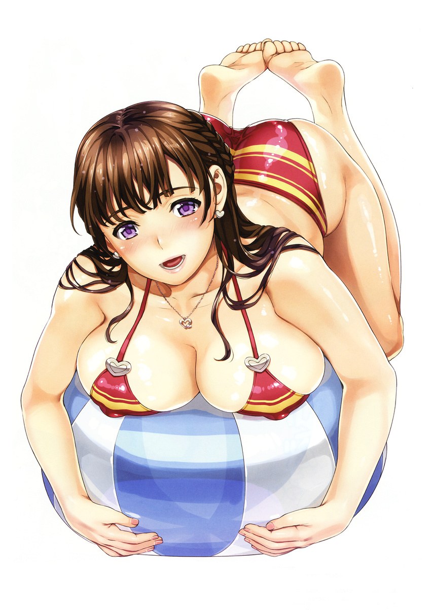 :d ass ball barefoot beachball bikini blush braid breasts brown_hair cleavage colored_stripes covered_nipples earrings full_body hamashima_shigeo heart heart_earrings highres jewelry large_breasts legs_up looking_at_viewer lying on_stomach open_mouth original purple_eyes red_bikini shiny shiny_skin side_braid simple_background smile solo striped striped_bikini swimsuit the_pose white_background