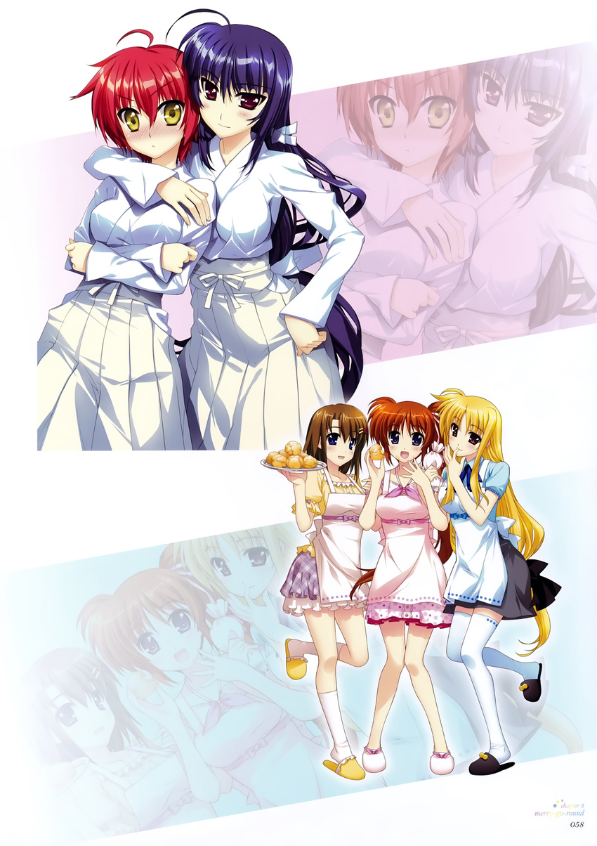 :d absurdres ahoge apron blonde_hair blue_eyes blush bow brown_hair crossed_arms fate_testarossa fujima_takuya hair_bow hair_ornament hair_ribbon hand_on_hip highres hug japanese_clothes long_hair low-tied_long_hair lyrical_nanoha mahou_shoujo_lyrical_nanoha_vivid micaiah_chevelle miko multiple_girls nove_(nanoha) numbers_(nanoha) official_art open_mouth pastry plate purple_eyes purple_hair red_eyes red_hair ribbon scan short_hair side_ponytail skirt smile takamachi_nanoha thighhighs tress_ribbon very_long_hair white_legwear x_hair_ornament yagami_hayate yellow_eyes zoom_layer