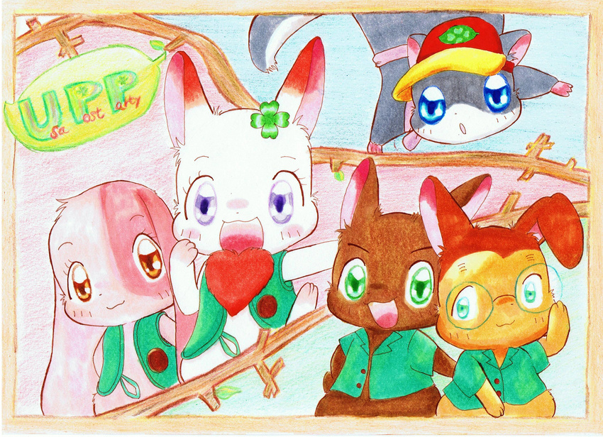 :3 anthro blue_eyes blue_fur brown_eyes brown_fur chima clover cute female flying_squirrel fur furari@ gaku green_eyes group happy_happy_clover haru hat hickory hirari kale lagomorph long_ears male mallow mammal meru orange_fur pink_fur pixiv purple_eyes rabbit rodent shallot shamrock short_fur squirrel white_fur yellow_fur