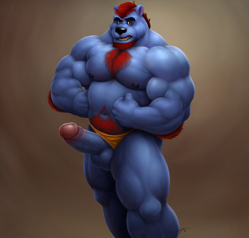 anthro bear beard big_muscles braford clothed clothing erection facial_hair flexing fur hairy half-dressed huge_muscles male mammal muscles nipples pecs penis pose smile solo teeth thong