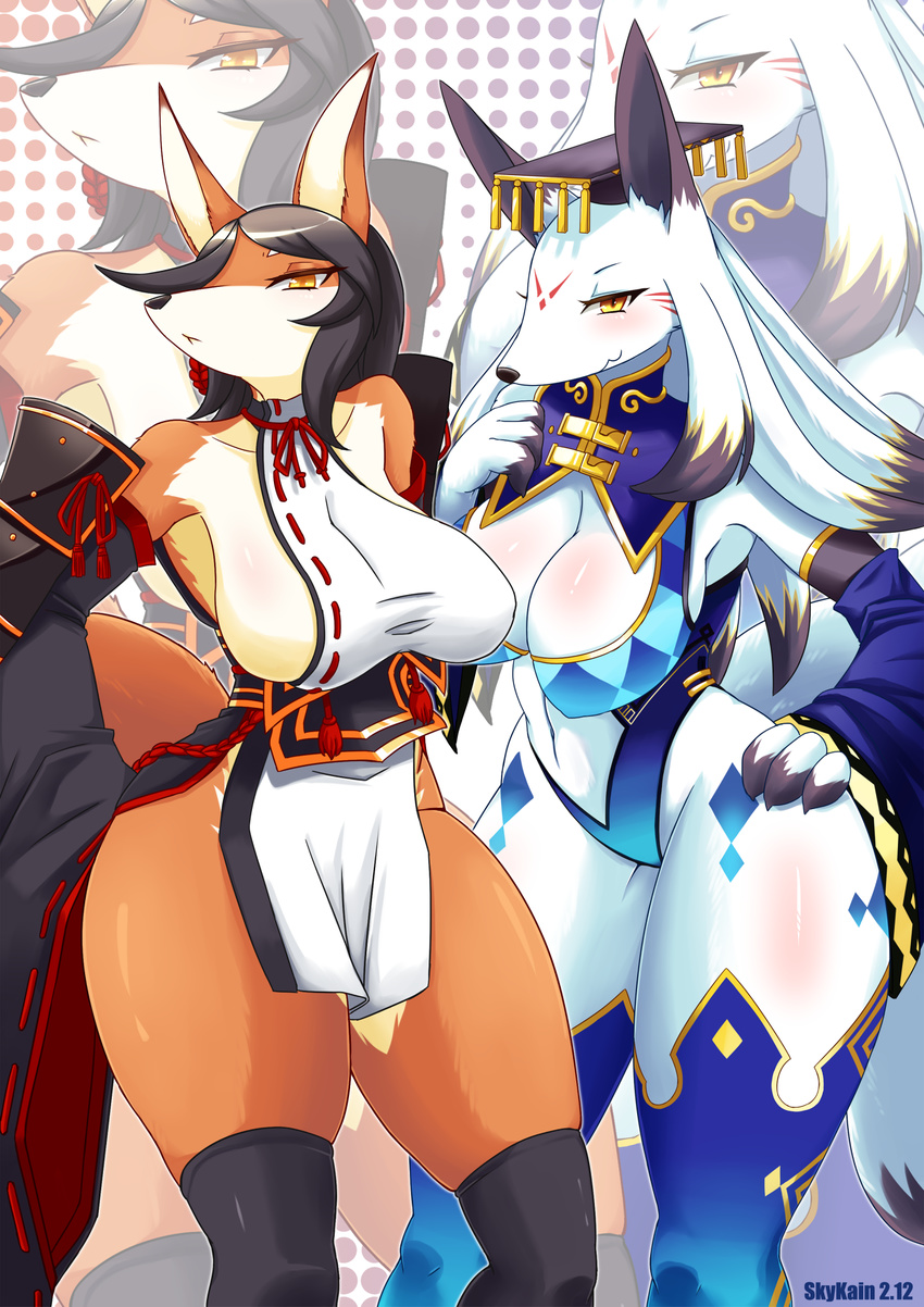 anthro big_breasts black_hair blush breasts canine cleavage clothed clothing daji female fox fullbokko_heroes hair legwear loincloth mammal sadamasa skykain thigh_highs white_hair wide_hips yellow_eyes