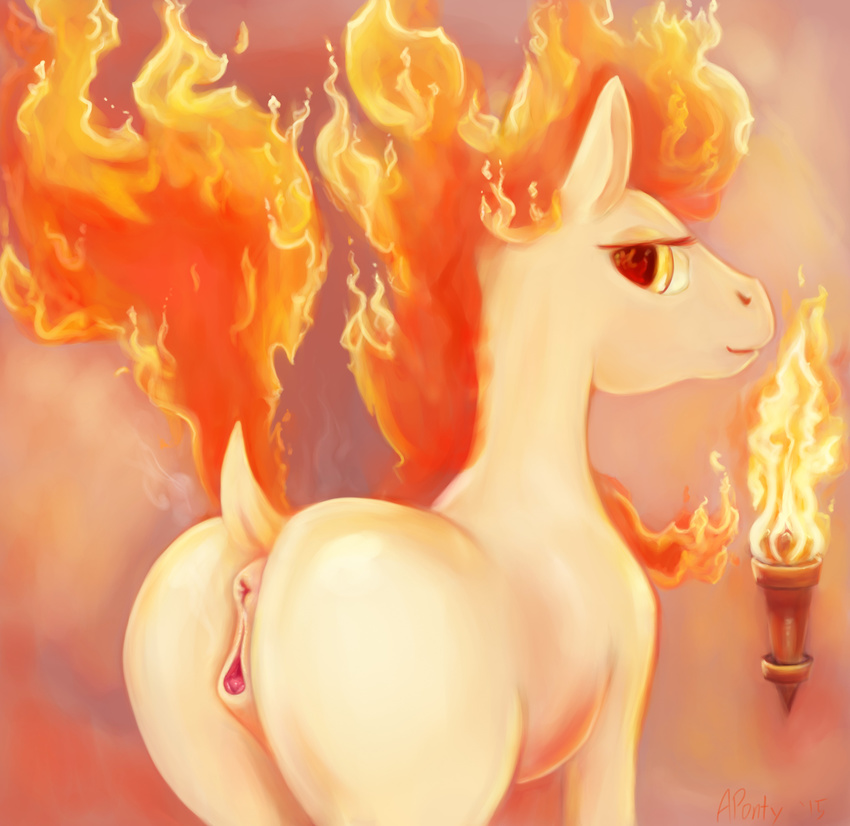 2015 anatomically_correct anatomically_correct_pussy animal_genitalia anus aponty butt clitoral_winking clitoris digital_painting_(artwork) dock equine equine_pussy female feral fire fire_hair horse looking_back mammal nintendo pok&eacute;mon ponyta presenting presenting_hindquarters pussy raised_tail red_eyes solo tree video_games