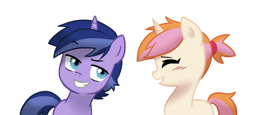 blue_eyes blue_fur blush duo equine fan_character female fur hair horn horse kilala97 male mammal my_little_pony plain_background two_tone_hair unicorn white_fur