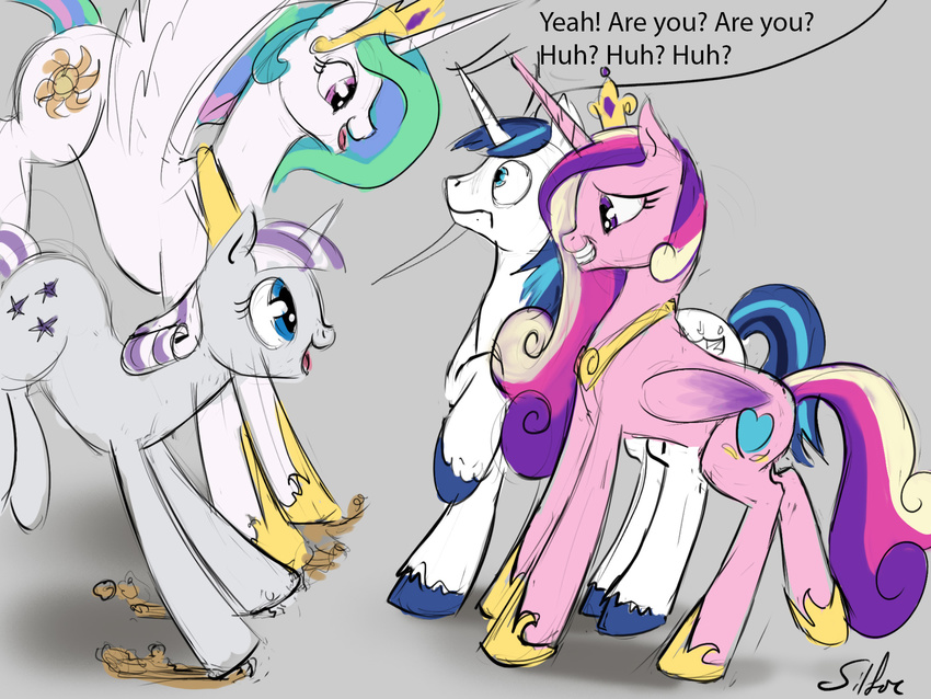 2015 blue_hair cutie_mark dialogue english_text equine excited female feral friendship_is_magic fur hair happy horn horse jumping long_hair male mammal multicolored_hair my_little_pony open_mouth plain_background pony princess_cadance_(mlp) princess_celestia_(mlp) shining_armor_(mlp) silfoe smile text tongue twilight_velvet_(mlp) two_tone_hair unicorn winged_unicorn wings
