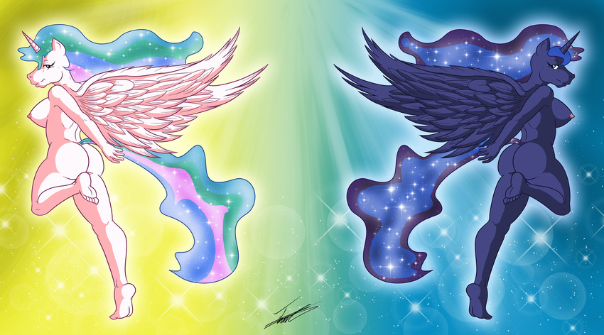 anthro barefoot beowulf100 breasts butt duo equine female friendship_is_magic hair hindpaw horn human_feet long_hair magic mammal my_little_pony nipples nude paws plantigrade princess princess_celestia_(mlp) princess_luna_(mlp) royalty sibling sisters winged_unicorn wings