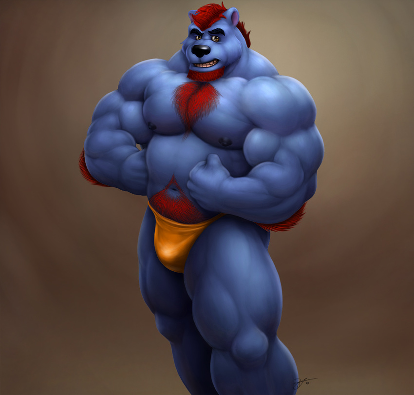 anthro bear beard biceps big_muscles braford bulge clothed clothing facial_hair flexing fur hair hairy half-dressed huge_muscles male mammal muscles pecs pose solo standing teeth thong topless