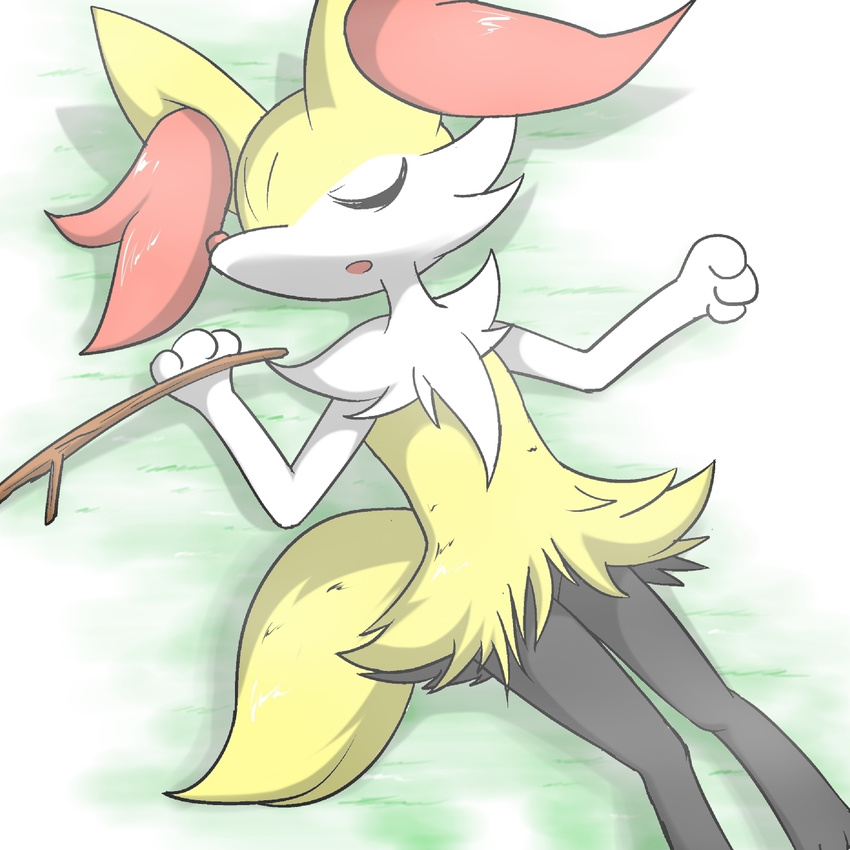 24651 ambiguous_gender black_fur braixen canine eyes_closed fennec fox fur mammal nintendo open_mouth pok&eacute;mon sleeping solo stick video_games white_fur yellow_fur