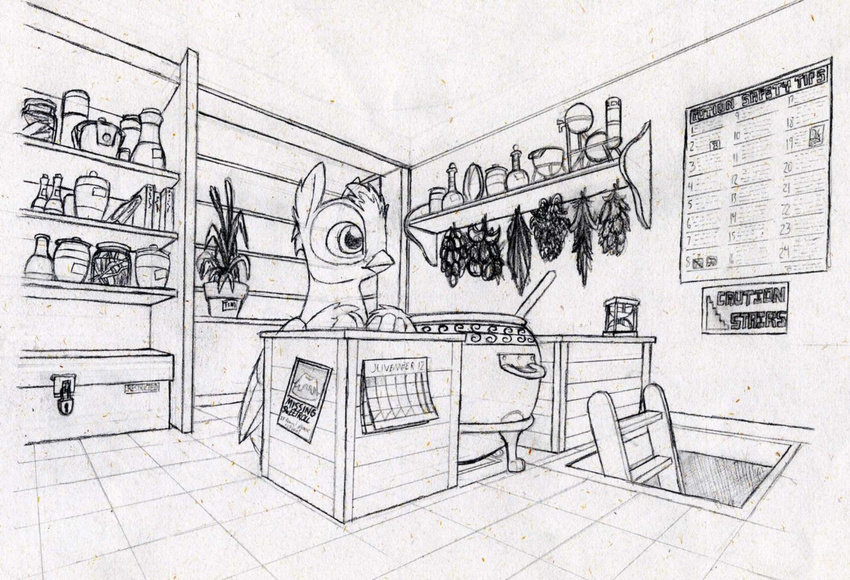 beak black_and_white cauldron counter herbs hippogryph inside ladder male monochrome my_little_pony pencil_(artwork) perspective petrock plant poster shelves shop solo thundersong traditional_media_(artwork) trap_door wings