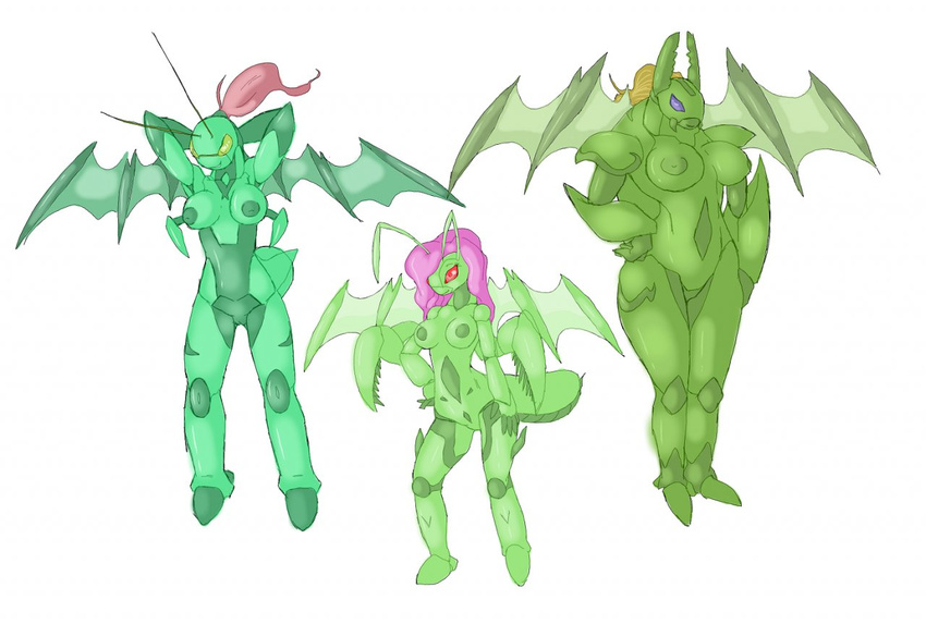 antennae anthropod arms_behind_head arthropod blonde_hair breasts dark-moltres female green_skin group hair hand_on_hip insect nipples nude pink_hair purple_eyes red_eyes wide_hips wings yellow_eyes