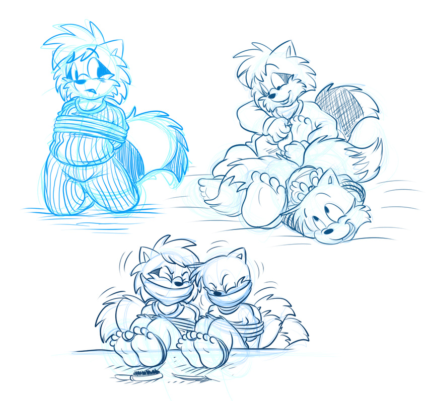 anthro bdsm big_thighs bondage bound canine cub duo fox fun male mammal miles_prower multiple_images pajamas raccoon roarey_raccoon sega sketch solo sonic_(series) young