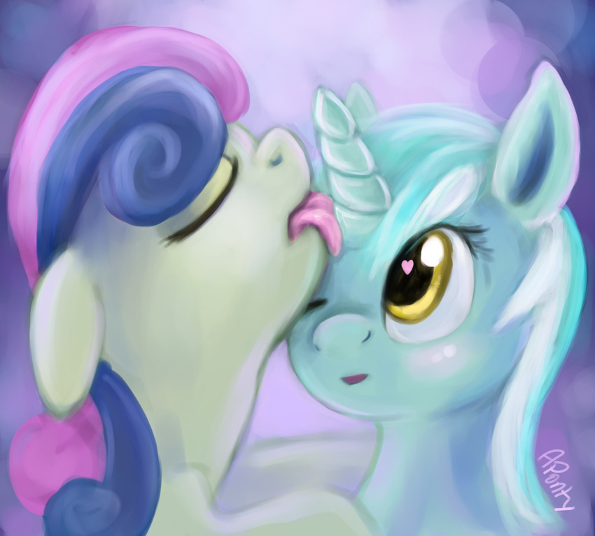 2014 aponty blush bonbon_(mlp) duo equine female feral friendship_is_magic green_hair hair horn hornjob horse lesbian licking lyra_heartstrings_(mlp) mammal my_little_pony pony tongue tongue_out two_tone_hair unicorn yellow_eyes