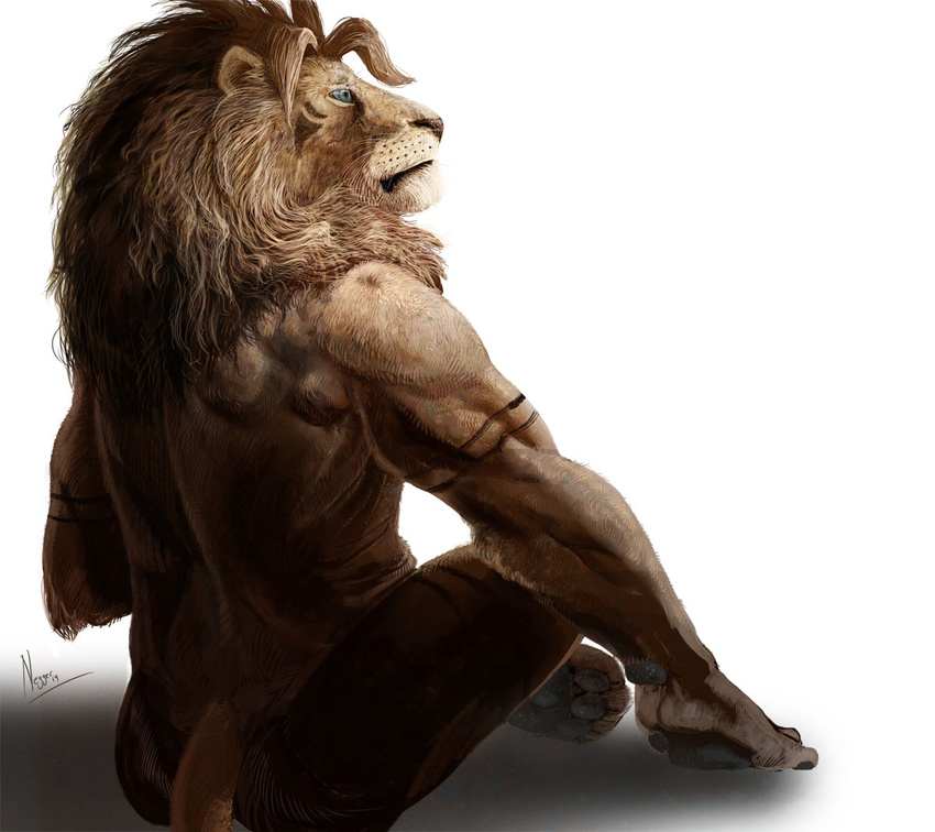 2014 anthro arm_markings blue_eyes butt crossed_legs feline lion looking_away male mammal mane markings negger nude pawpads paws plain_background realistic rear_view shin_(negger) sitting solo white_background