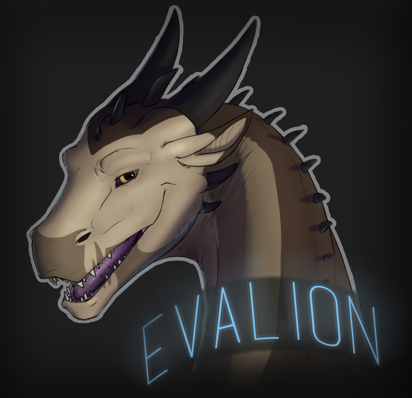 2014 brown_skin dragon evalion headshot_portrait horn looking_at_viewer male open_mouth portrait smile solo teeth text tongue yellow_eyes