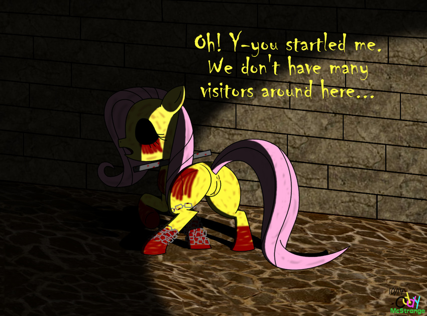 amnesia amnesia:_justine anus black_eyes blood butt chain collar creepy equine female fluttershy_(mlp) friendship_is_magic mammal my_little_pony oddy_mcstrange pussy scar solo stone