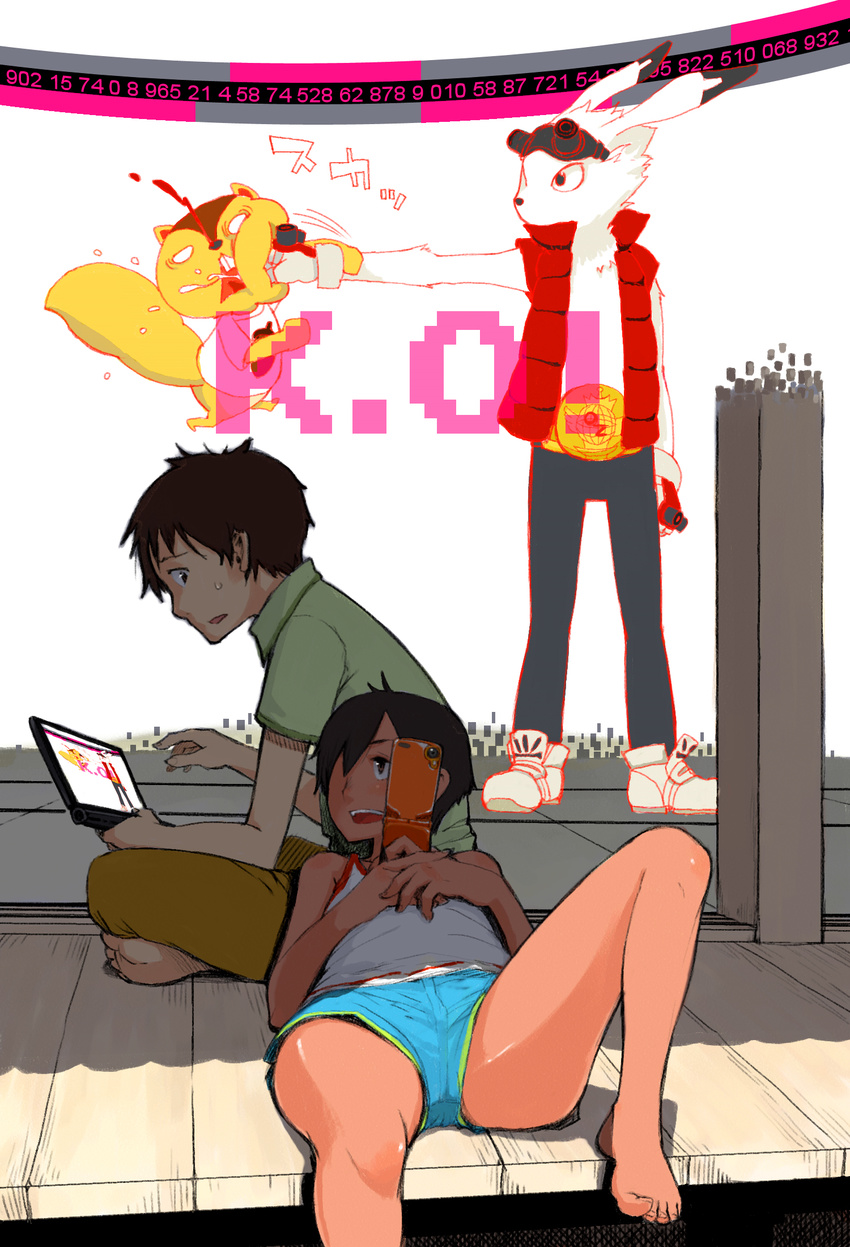 bad_id bad_pixiv_id barefoot blood brown_eyes brown_hair feet furry highres ikezawa_kazuma kari-kenji king_kazuma koiso_kenji multiple_boys oomori_harusame phone punching shorts sitting summer_wars toe-point video_game