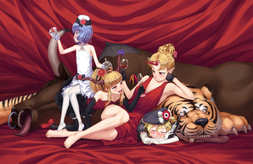 bad_id bad_pixiv_id barefoot bat_wings blonde_hair blue_hair blush bottle bull cup dress drinking_glass duplicate elbow_gloves feet flandre_scarlet flower formal gahaku gloves hair_flower hair_ornament hat horn horns hoshiguma_yuugi ibuki_suika long_hair multiple_girls ponytail red_eyes remilia_scarlet short_hair side_ponytail tiger touhou wine_glass wings