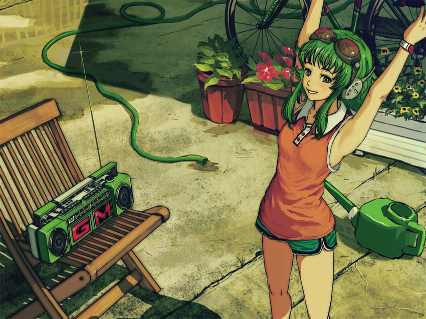 bicycle chair cowboy_shot flower goggles goggles_on_head green_eyes green_hair ground_vehicle gumi headphones headset horuda hose radio short_hair shorts smile solo stretch vocaloid watering_can