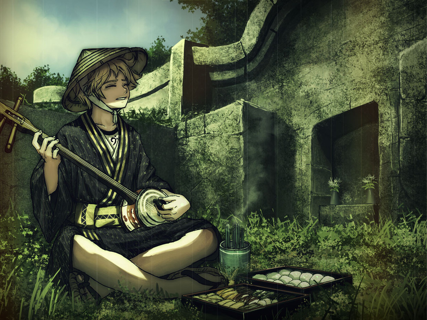 bangs bass_clef blonde_hair chin_strap closed_eyes day flower food grass hat horuda incense indian_style instrument japanese_clothes kagamine_len kimono long_sleeves lunchbox male_focus music on_ground onigiri outdoors playing_instrument plectrum rain rice_hat sandals sash shamisen sitting smoke solo temple vase vocaloid wide_sleeves zouri