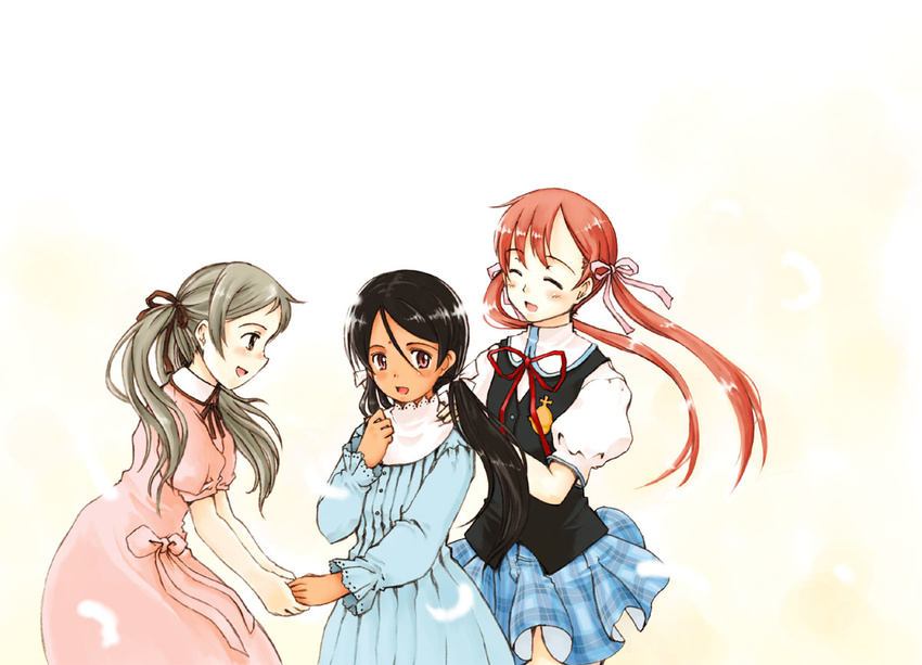 closed_eyes crossover dress hair_ribbon holding_hands kaya_xavier multiple_girls onodera_asahi ooshiro_youkou period ribbon sayu_(shirotsume_souwa) shirotsume_souwa shoujo_mahou_gaku_littlewitch_romanesque smile twintails