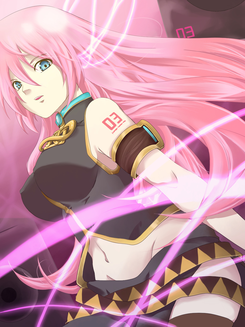 aqua_eyes breasts highres large_breasts long_hair megurine_luka midriff navel pink_hair skirt solo sss3 thighhighs vocaloid